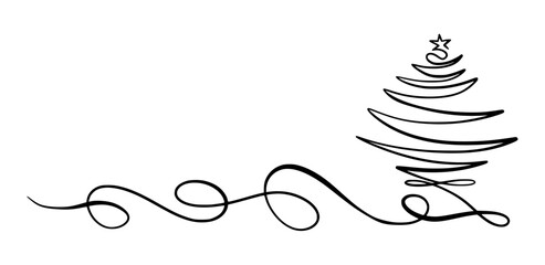 Merry Christmas Border Decoration. Continuous One Line Art, Vector Drawing. Isolated Hand Drawn Outline Curly Flourishes, Long Horizontal Banner