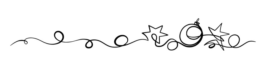 Merry Christmas Border Decoration. Continuous One Line Art, Vector Drawing. Isolated Hand Drawn Outline Curly Flourishes, Long Horizontal Banner