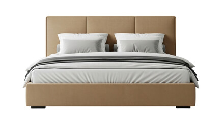 Isolated tan bed frame with pillows and blanket, studio shot in natural light, bedroom furniture
