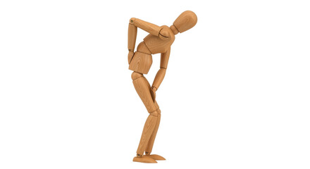 Isolated wooden mannequin bending over with back pain, arthritis problem, or muscle injury