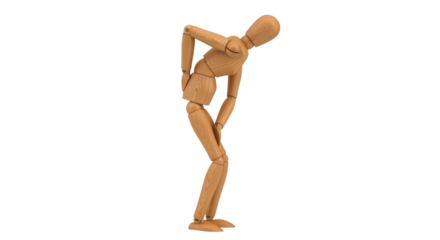 Isolated wooden mannequin bending over with back pain, arthritis problem, or muscle injury