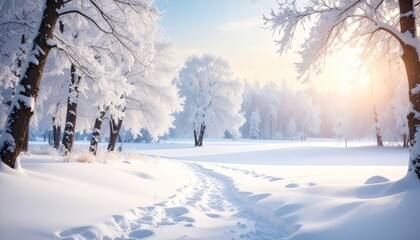 Snow-covered trees and a winding path create a serene winter landscape, illuminated by soft sunlight filtering through the frosty branches and illuminating a trail of footprints in the snow.
