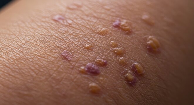 Close-up of skin condition showing blisters and inflammation requiring medical attention and