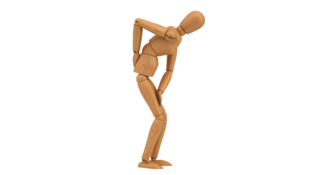 Isolated wooden mannequin bending over with back pain, arthritis problem, or muscle injury