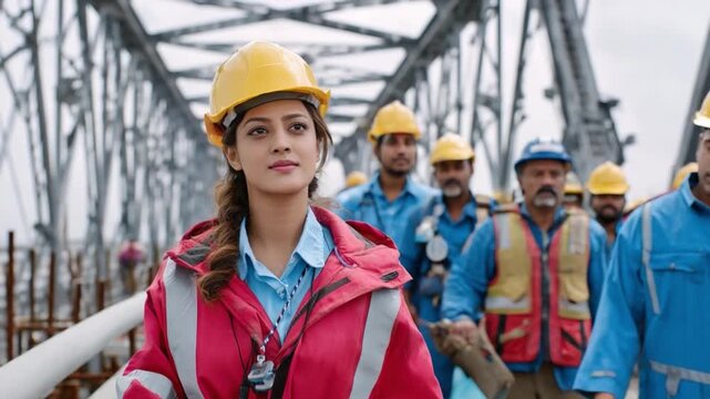 Engineer's Vision: A female engineer, wearing a protective yellow hard hat and coat, confidently surveys a vast construction site, a symbol of leadership and expertise in the engineering world.