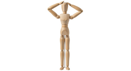 Isolated human mannequin figure with raised arms, standing, light brown wood, human anatomy