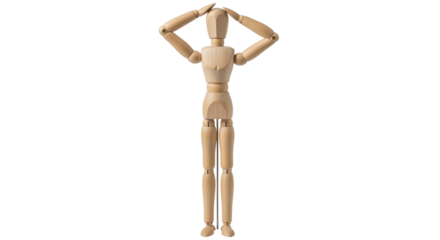 Isolated human mannequin figure with raised arms, standing, light brown wood, human anatomy