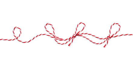 Isolated twisted red and white string with loops for wrapping presents or gift packaging