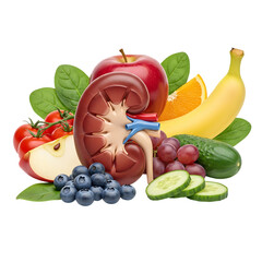 Healthy kidney with fresh fruits and vegetables isolated on transparent background