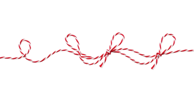 Isolated twisted red and white string with loops for wrapping presents or gift packaging