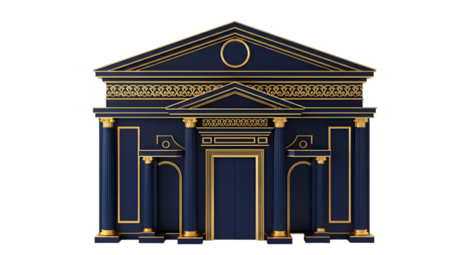 Ornate Dark Blue and Gold Classical Building Facade Keywords: building facade, classical