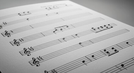 Close-up view of musical score on a white sheet displaying various musical notation and symbols