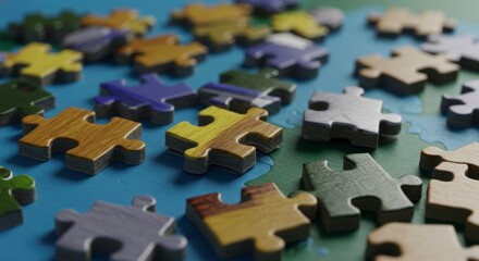 Obraz premium Colorful puzzle pieces scattered on a map background offering a sense of complexity and challenge