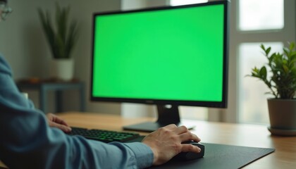 Person uses computer with green screen in office. Hand holds mouse, typing on keyboard, browsing online. Modern workplace with plant.