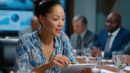 Meeting Insights: A focused executive presents data on a digital tablet during a corporate strategy session, embodying professionalism. The image is an immersive exploration of boardroom ambiance. - Powered by Adobe