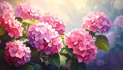 Pastel pink hydrangeas in sunlight