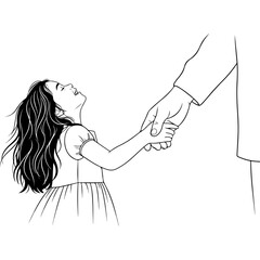 Young girl holding hand, looking up with joy, black and white