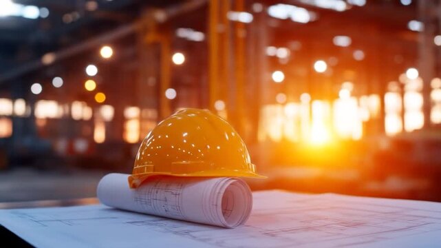 Construction hard hat and blueprint on table in factory interior
