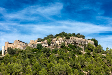 Ancient Romanesque and Gothic Castellbell Castle Barcelona Spain 14th Century Medieval Fortress Perched on Rocky Cliff