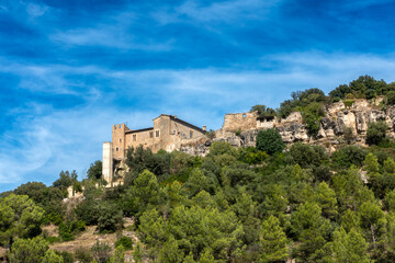 Ancient Romanesque and Gothic Castellbell Castle Barcelona Spain 14th Century Medieval Fortress on Rocky Hillside