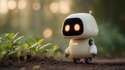 A small, futuristic robot with a cream-colored body and glowing eyes stands next to young green plants growing in the soil, the scene illuminated with a soft, natural light creating a warm atmosphere.