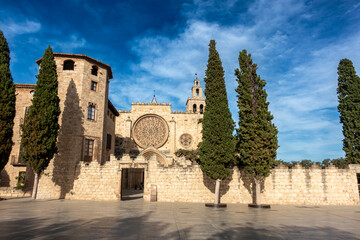 Magnificent Gothic and Romanesque Monestir de Sant Cugat del Vallès Barcelona Spain 14th Century Facade, Rose Window and Cypress Trees