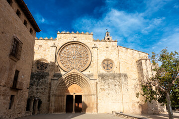 Magnificent Gothic and Romanesque Facade Sant Cugat del Vallès Monastery Barcelona Spain 14th Century Rose Window and Arched Portal