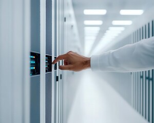 Person accessing secure server in white digital space, minimalist IT visual