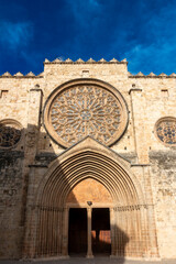 Magnificent Gothic and Romanesque Facade Sant Cugat del Vallès Monastery Barcelona Spain 14th Century Rose Window and Portal