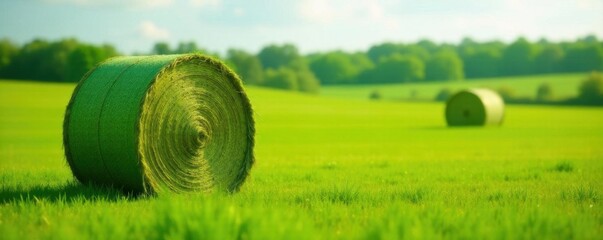 Close-up vibrant green field, round hay bales, soft focus , grass, agriculture