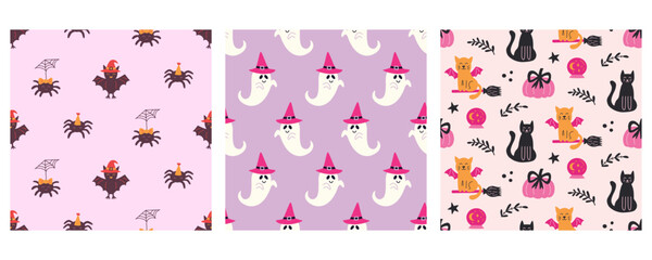 Halloween Cute Girly Ghost Pink Seamless Pattern