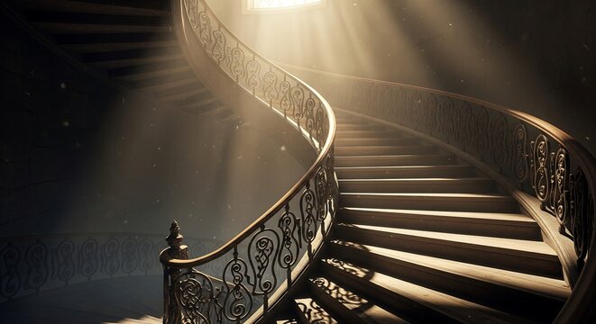 Rising spiral staircase toward light, symbolizing a journey toward understanding