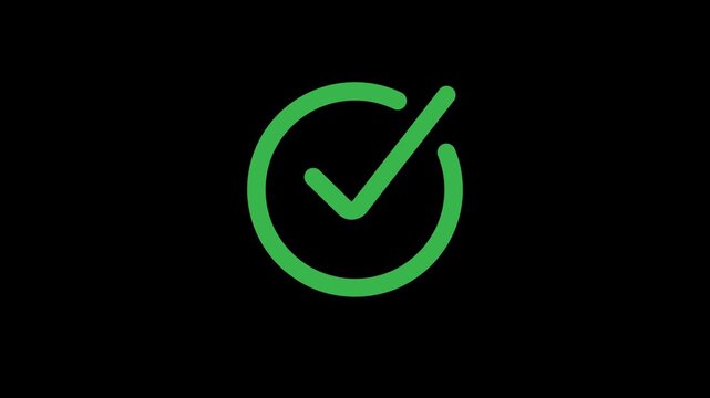 Animated Check Mark Icon. Green tick symbol for correct answers, success, and approval. Hand-drawn doodle style animation on a transparent alpha channel background.
