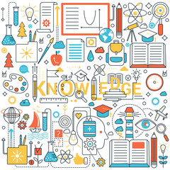 Colorful line art icons represent knowledge, science, and education concepts including books, lab equipment, and creative tools on a light background vector illustration