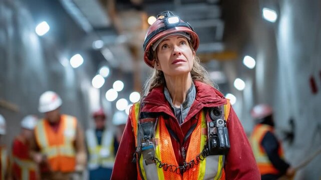 Visionary in Engineering: A female engineer stands at the forefront of an industrial site, embodying leadership and dedication in a modern construction setting. Embracing strength and innovation.