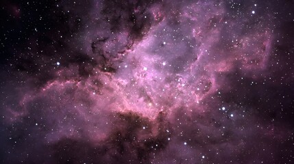 Naklejka premium Cosmic panorama showcasing a vibrant nebulae, presenting a rich tapestry of purples and pinks interwoven with darker regions, speckled with numerous bright stellar points across a vast, boundless...