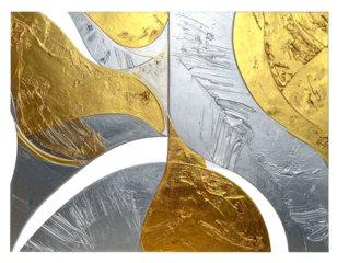 An abstract artwork displays a modern, textured composition with elegant metallic colors of gold and silver.
