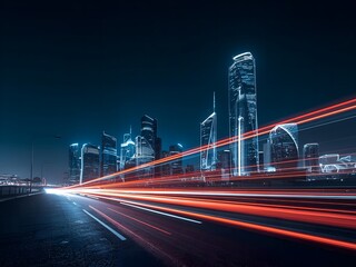 Fototapeta premium Stunning futuristic city skyline at night with vibrant light trails representing urban speed and technology.