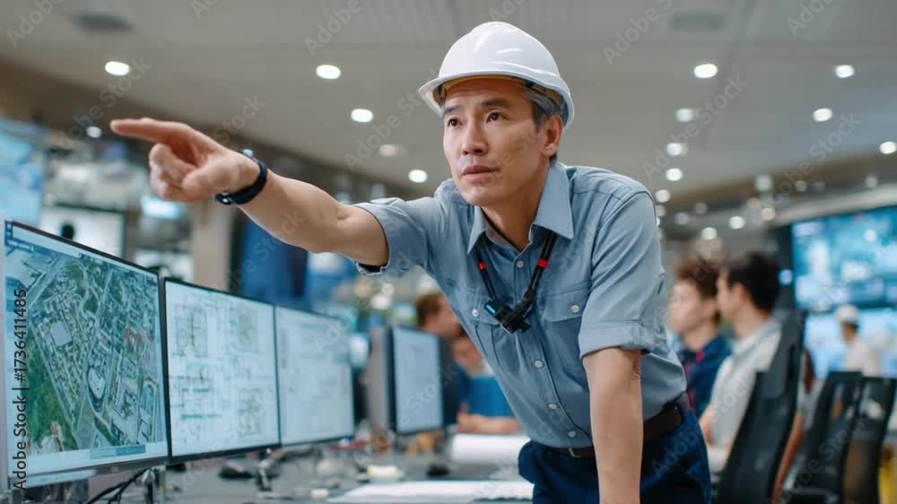 Wall mural control room authority: in a high-tech control room, a focused engineer with a white hardhat confide