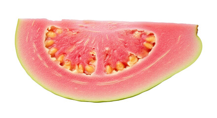Isolated Half Slice of Pink Guava Fruit Showing Seeds, Tropical Exotic Fruit in Studio Shot