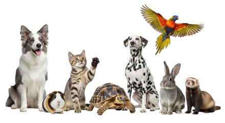 Isolated Group of Domestic Pets with Bird, Dog, Cat, Guinea Pig, Tortoise, Rabbit, Ferret on Display