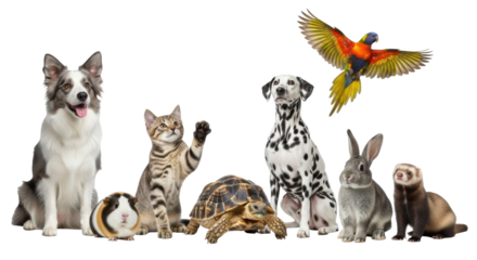Isolated Group of Domestic Pets with Bird, Dog, Cat, Guinea Pig, Tortoise, Rabbit, Ferret on Display