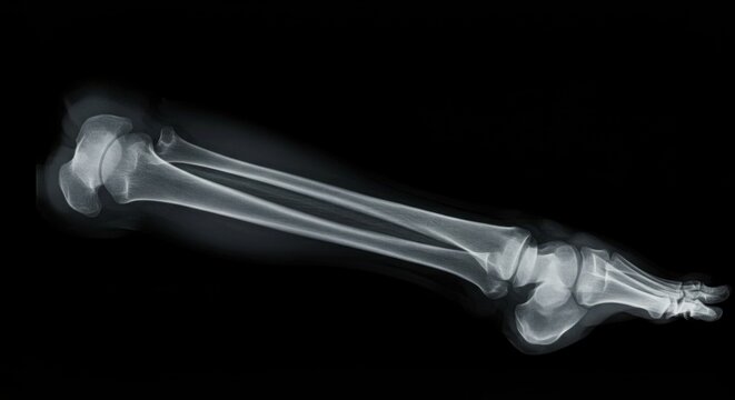 Detailed leg x-ray displaying tibia, fibula, femur and foot bones on black background