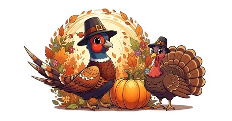Cartoon Pheasant and Turkey Wearing Pilgrim Hats with Pumpkin and Autumnal Foliage