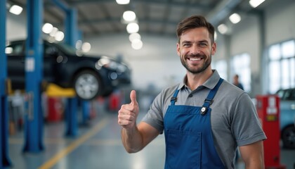 Smiling mechanic man gives thumbs up in auto repair shop. Vehicle service worker in blue uniform approves completed car maintenance, showing positive attitude and expertise in modern bright garage.