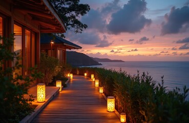 Wooden walkway with lanterns leads to bungalow at ocean sunset. Tropical island resort path glows with warm light near sea waves. Scenic nature landscape view, evening sky colors.