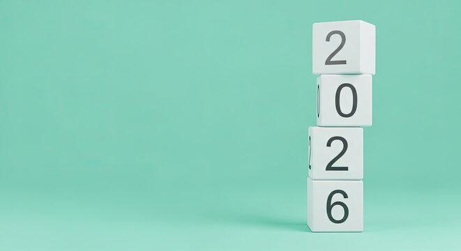 Chiffres 2026 empil&eacute;s verticalement sur des cubes blancs avec espace pour le texte sur fond bleu clair