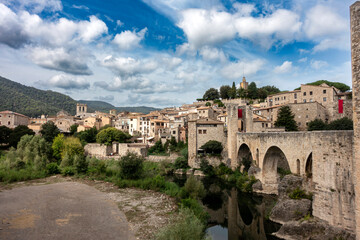 Historic Romanesque Besalú Village Gerona Spain 12th Century Medieval Fortress Bridge and Old Town Skyline