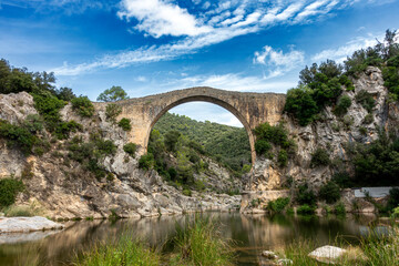 Historic Romanesque Pont de Llierca Bridge Gerona Spain 14th Century Medieval Stone Arch over the Riu Fluvià