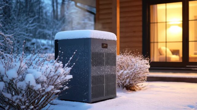 Winter Heat Pump by a Cozy Home - A snow-covered residential heat pump is featured amidst winter shrubbery, highlighting energy efficiency.